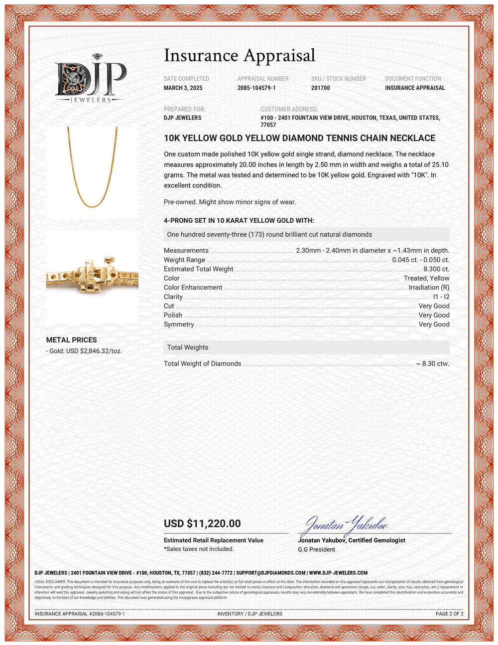 10K Yellow Gold Yellow Diamond Tennis Chain Necklace