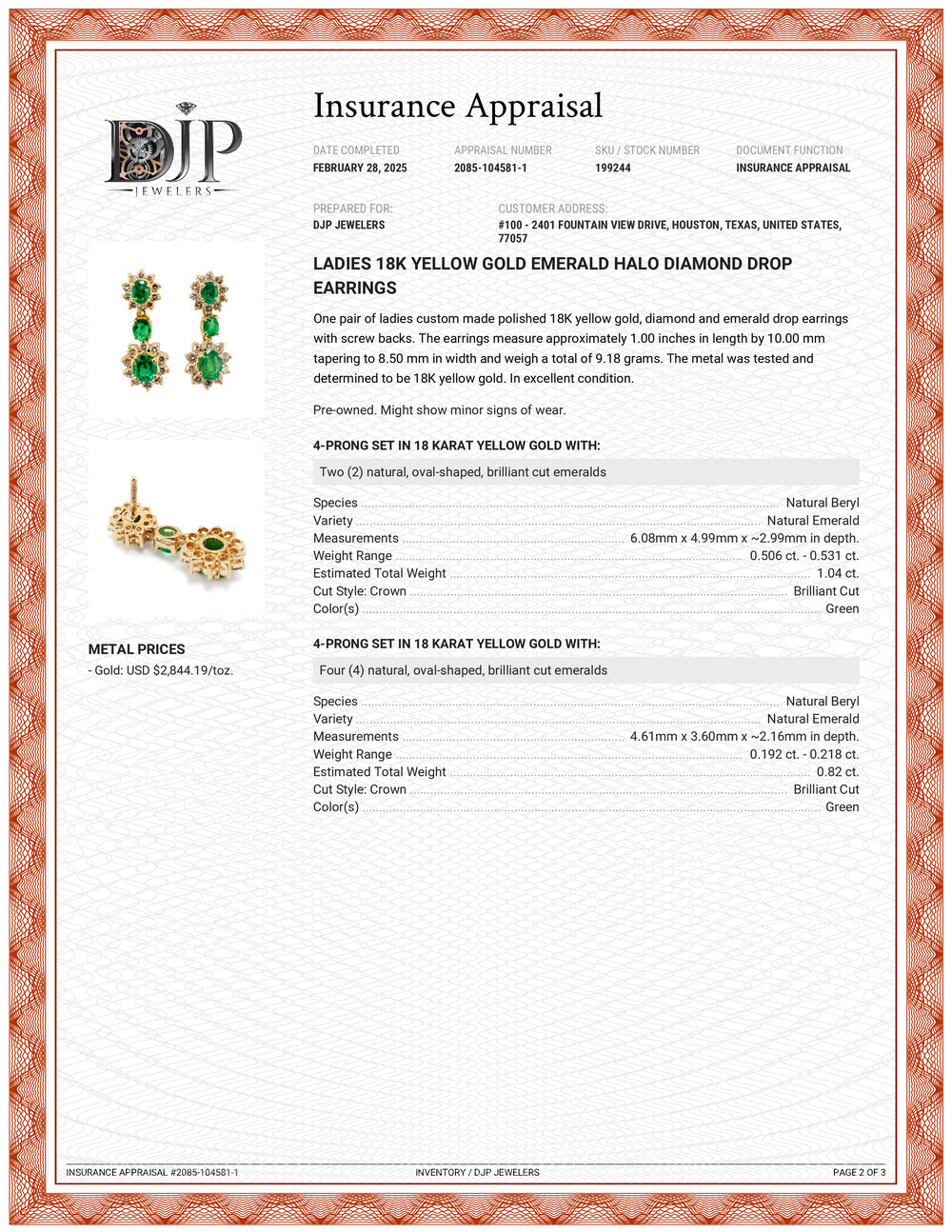 Ladies 18K Yellow Gold Emerald Halo Diamond Drop Earrings