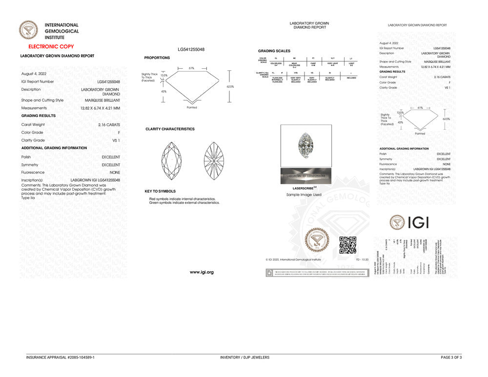 Ladies 14K White Gold IGI 2.16ct Lab Grown Marquise Diamond Engagement Ring