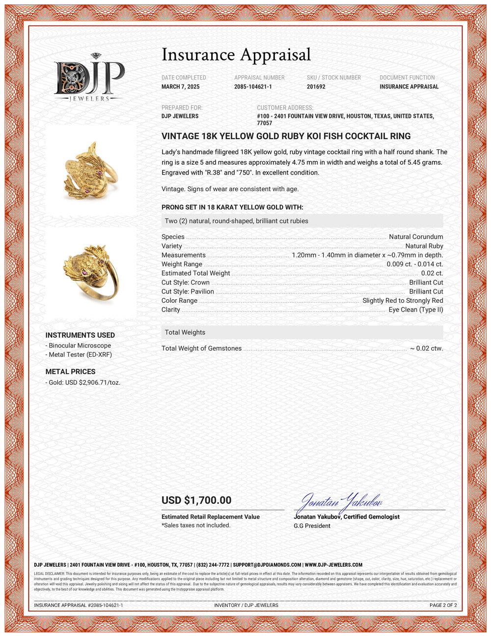 Vintage 18K Yellow Gold Ruby Koi Fish Cocktail Ring