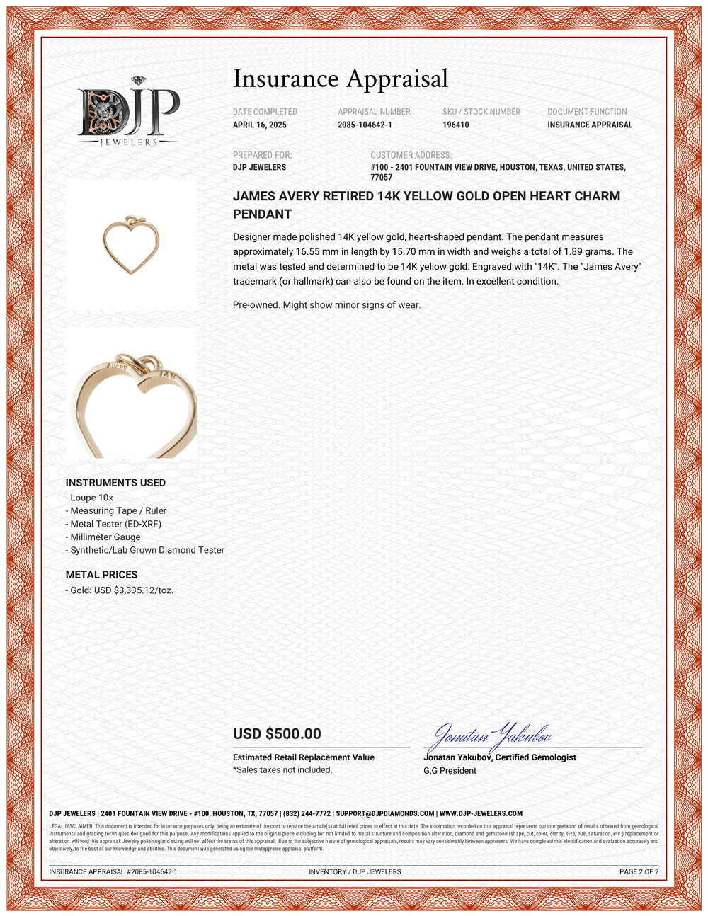 James Avery Retired 14K Yellow Gold Open Heart Charm Pendant