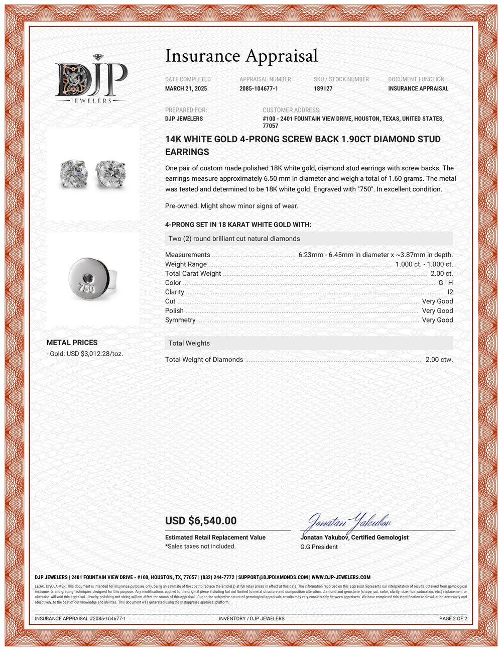 14K White Gold 4-Prong Screw Back 1.90ct Diamond Stud Earrings