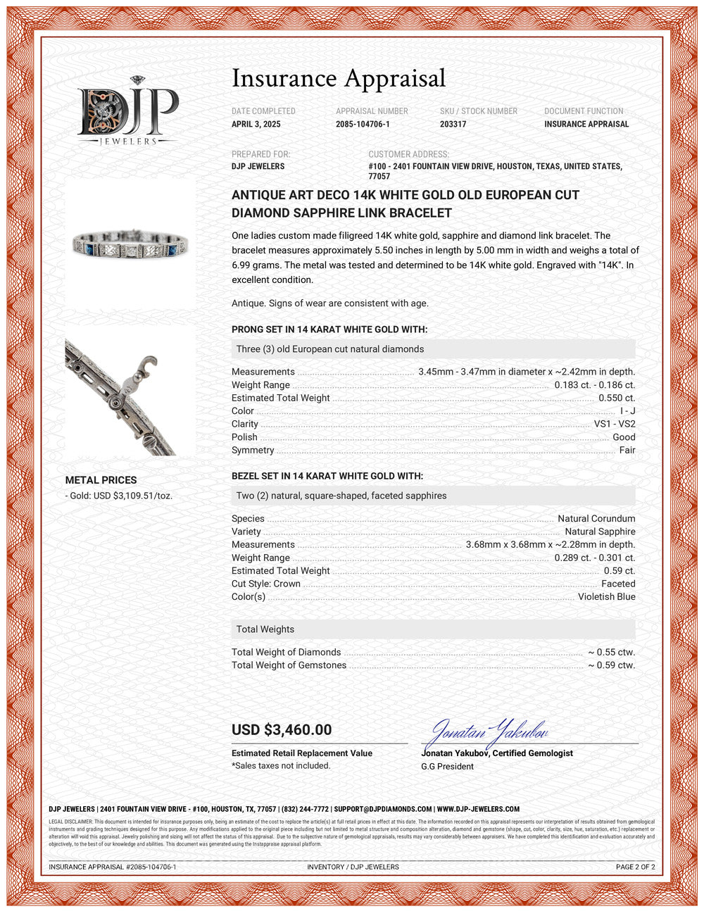 Antique Art Deco 14K White Gold Old European Cut Diamond Sapphire Link Bracelet