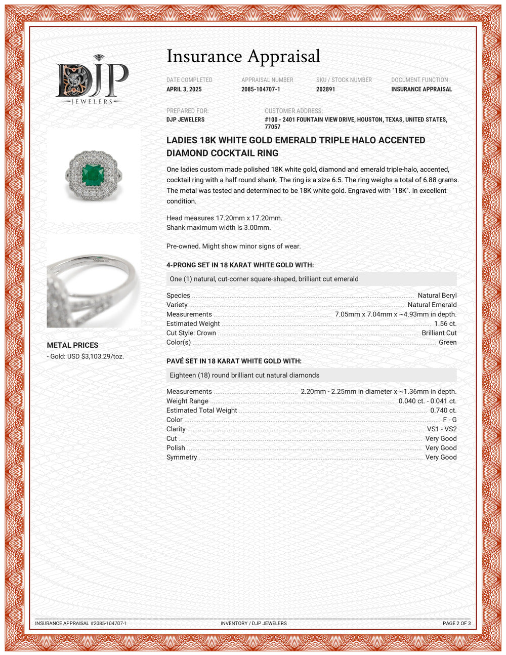 Ladies 18K White Gold Emerald Triple Halo Accented Diamond Cocktail Ring
