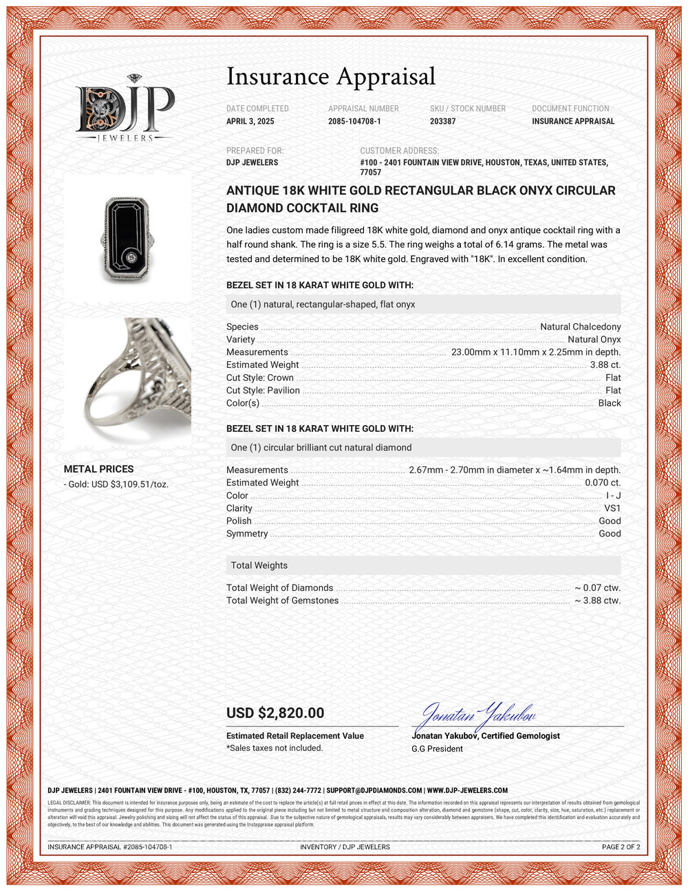 Antique 18K White Gold Rectangular Black Onyx Circular Diamond Cocktail Ring