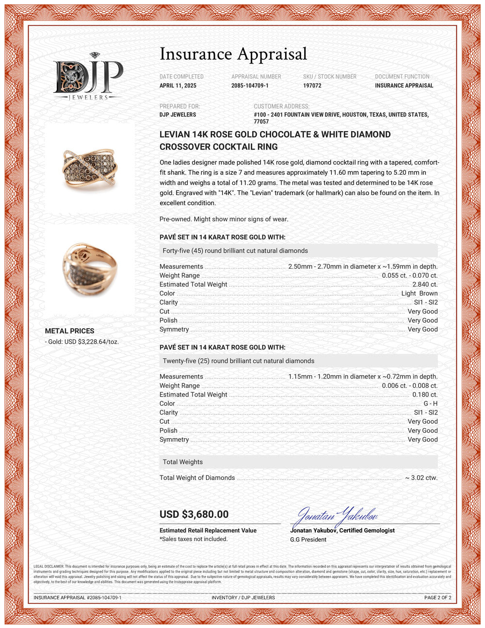 Levian 14K Rose Gold Chocolate & White Diamond Crossover Cocktail Ring