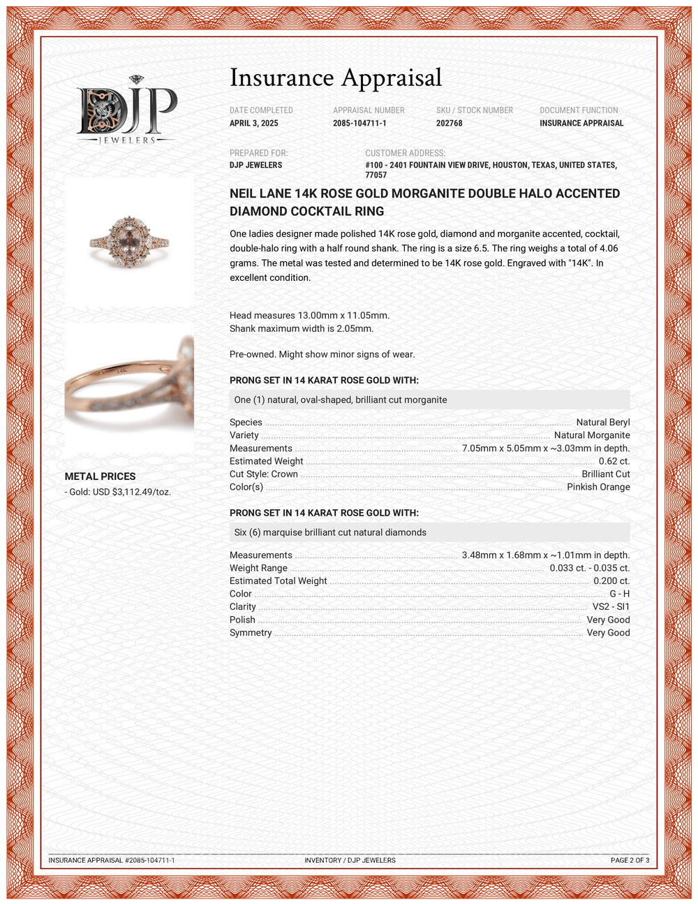 Neil Lane 14K Rose Gold Morganite Double Halo Accented Diamond Cocktail Ring