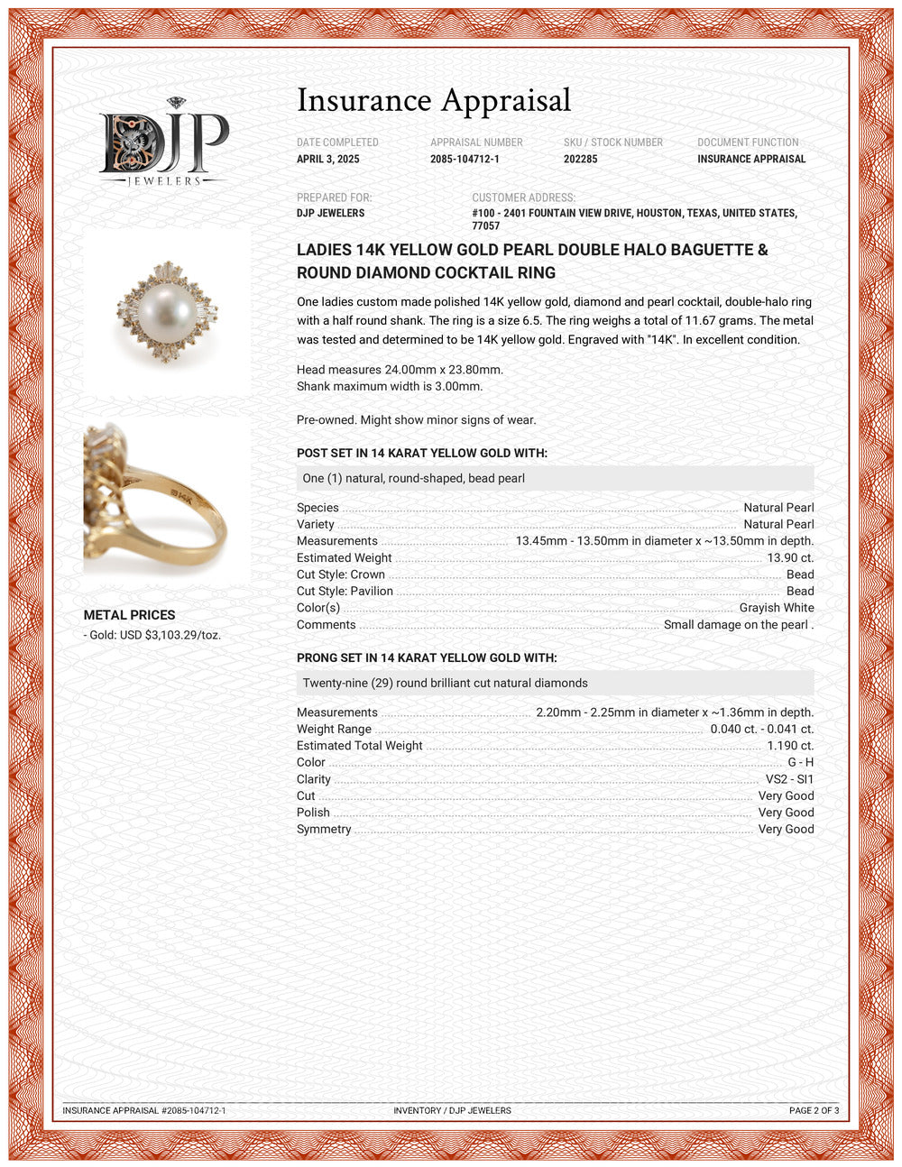 Ladies 14K Yellow Gold Pearl Double Halo Baguette & Round Diamond Cocktail Ring