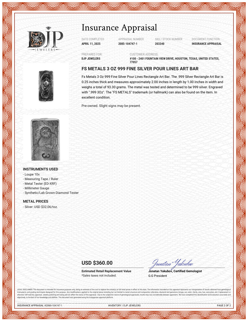 FS Metals 3 Oz 999 Fine Silver Pour Lines Art Bar