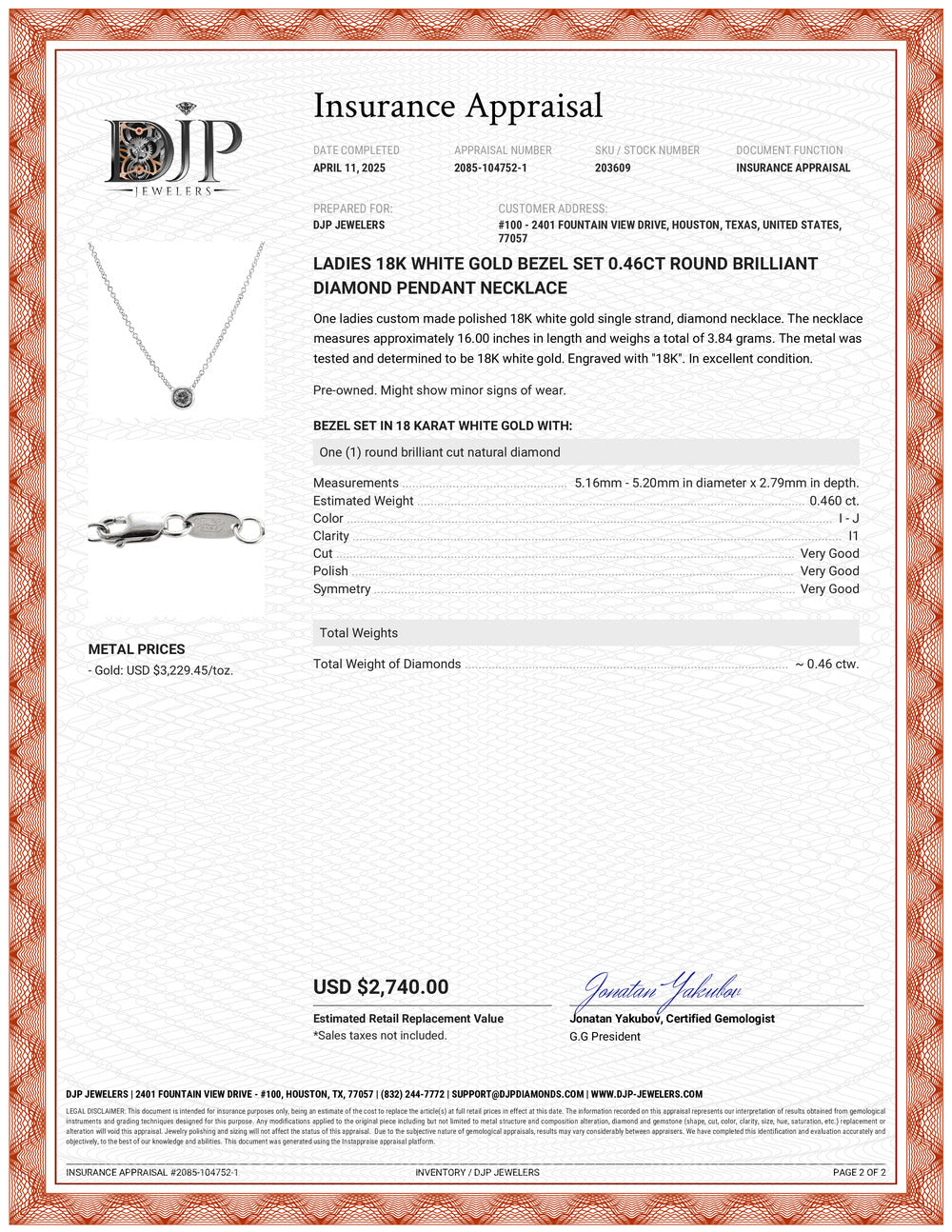 Ladies 18K White Gold Bezel Set 0.46ct Round Brilliant Diamond Pendant Necklace