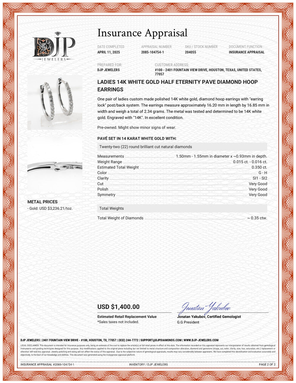 Ladies 14K White Gold Half Eternity Pave Diamond Hoop Earrings