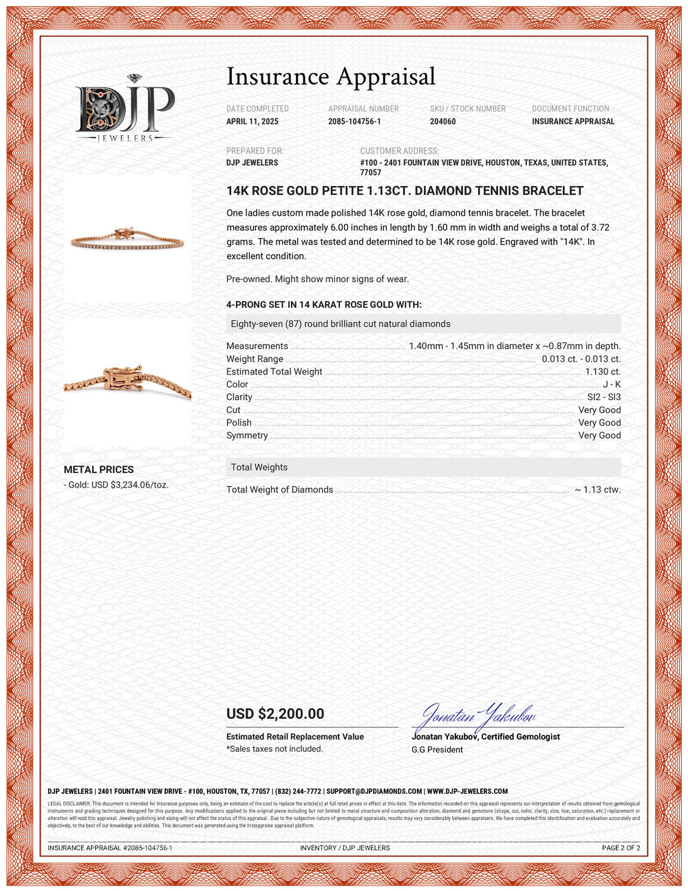 14K Rose Gold Petite 1.13ct. Diamond Tennis Bracelet