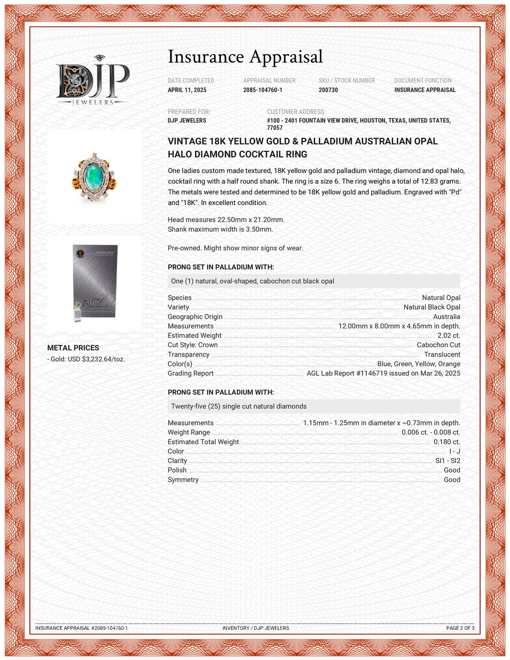 Vintage 18K Yellow Gold & Palladium AGL Australian Opal Diamond Cocktail Ring