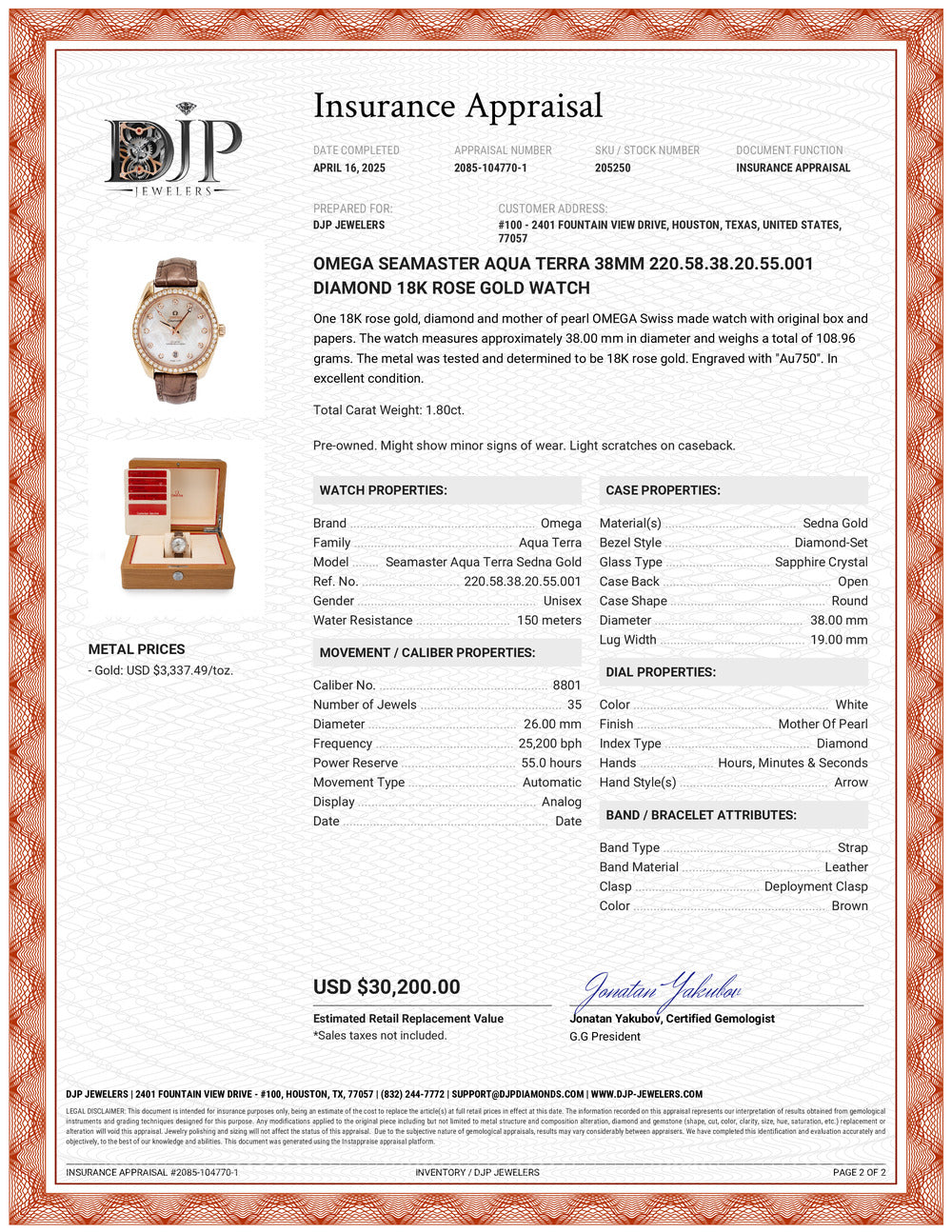 Omega Seamaster Aqua Terra 38MM 220.58.38.20.55.001 Diamond 18K Rose Gold Watch