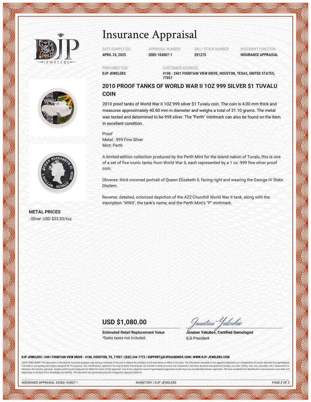 2010 Proof Tanks of World War II 1OZ 999 Silver $1 Tuvalu Coin