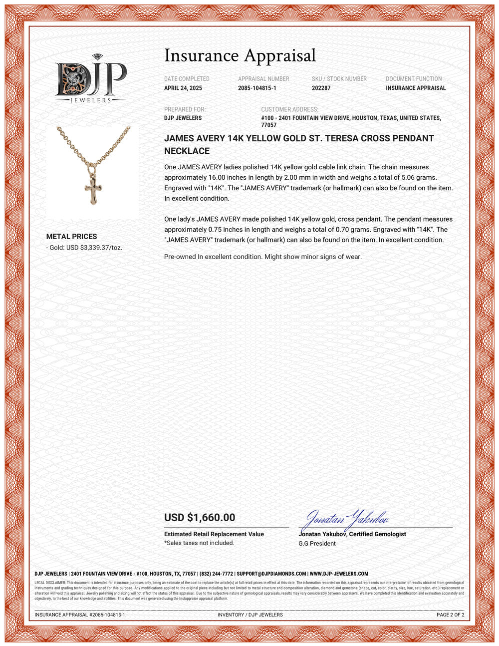 James Avery 14K Yellow Gold St. Teresa Cross Pendant Necklace