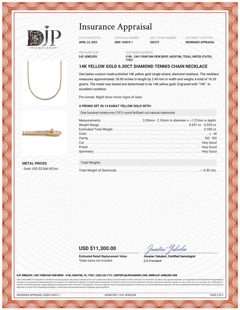 14K Yellow Gold 6.30ct Diamond Tennis Chain Necklace