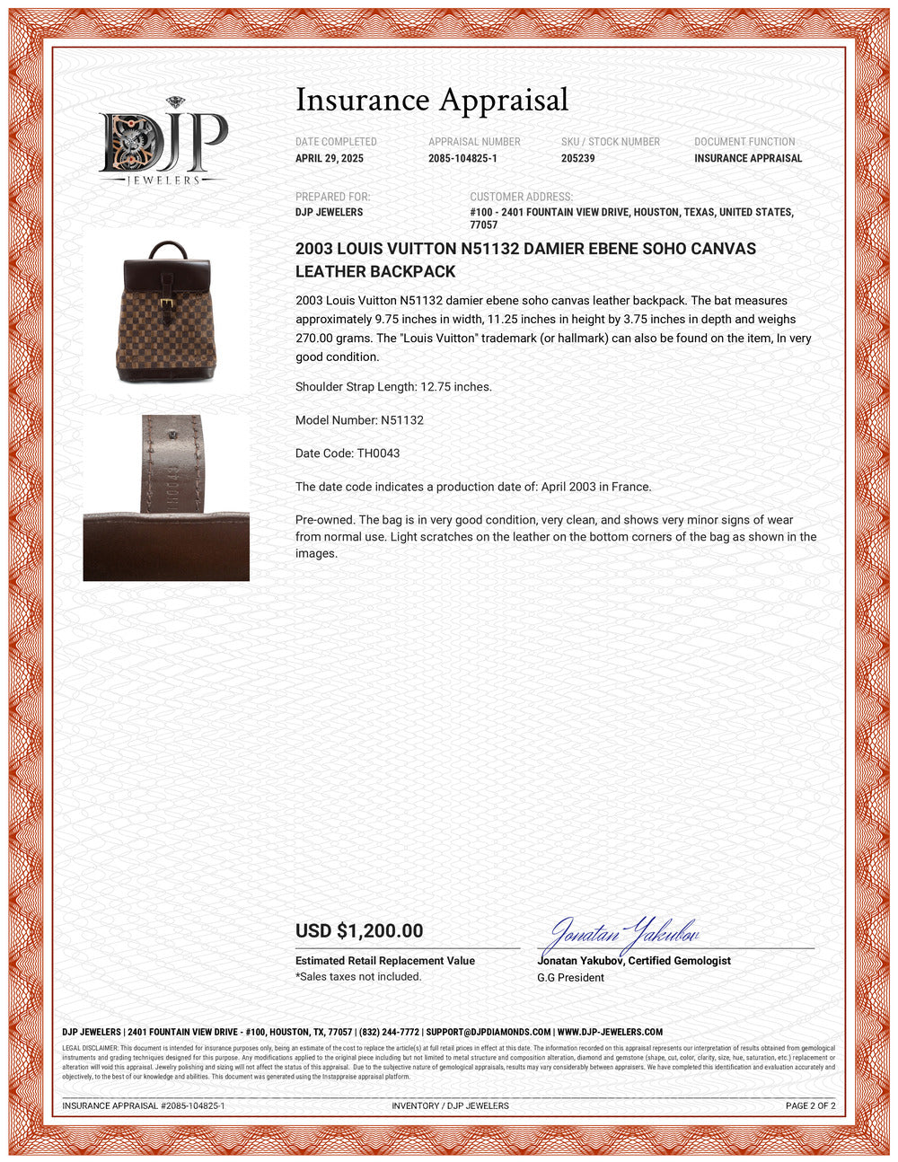 2003 Louis Vuitton N51132 Damier Ebene Soho Canvas Leather Backpack