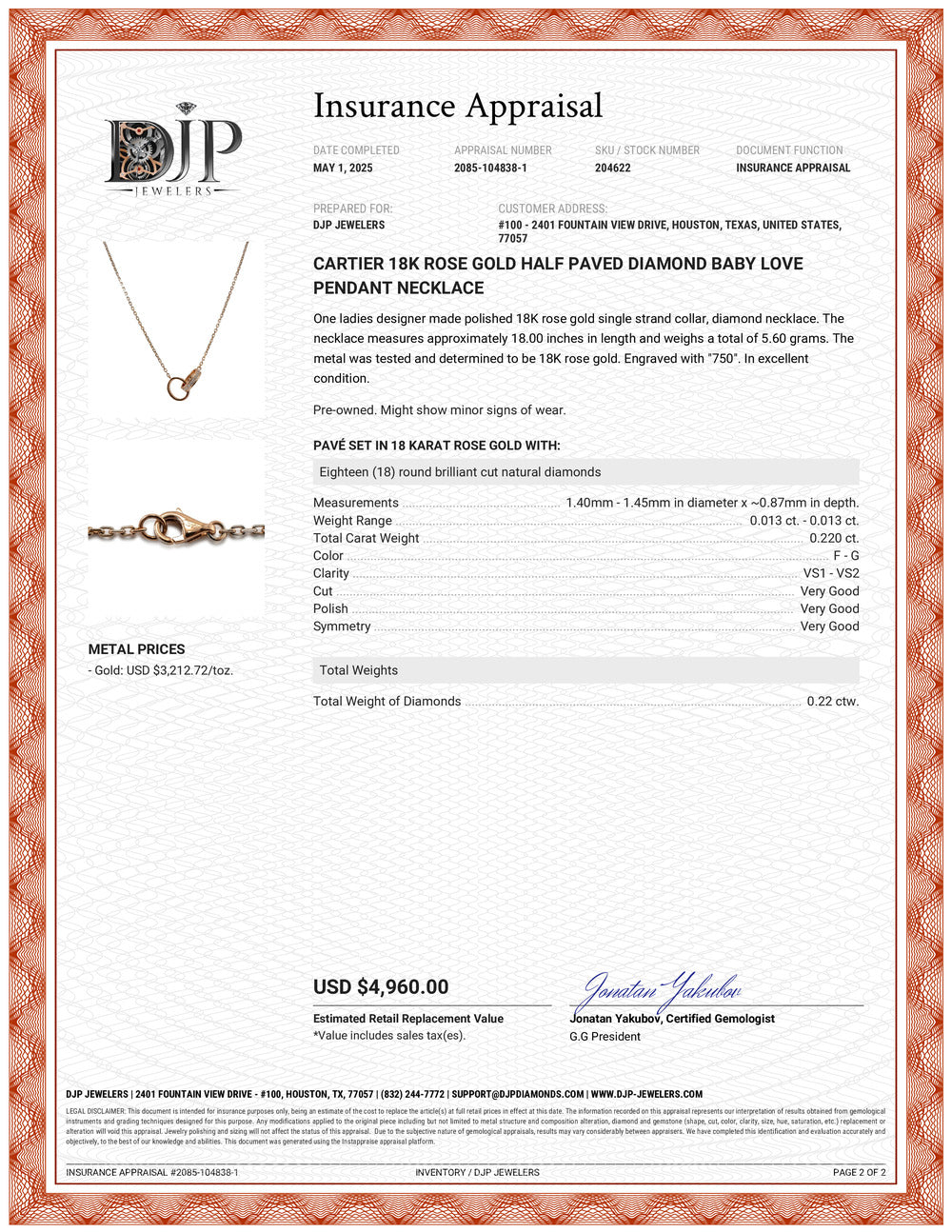 Cartier 18K Rose Gold Half Paved Diamond Baby Love Pendant Necklace