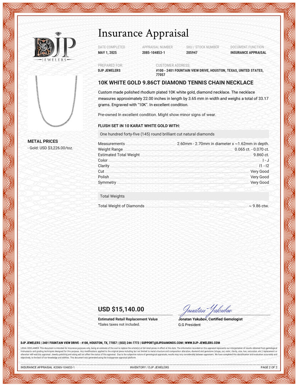 10K White Gold 9.86ct Diamond Tennis Chain Necklace