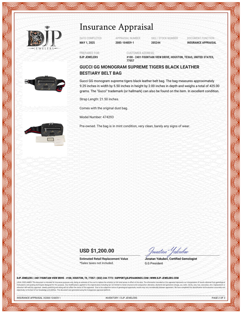 Gucci GG Monogram Supreme Tigers Black Leather Bestiary Belt Bag