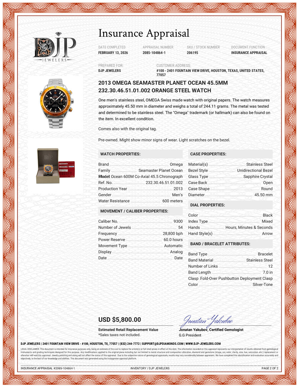 2013 Omega Seamaster Planet Ocean 45.5mm 232.30.46.51.01.002 Orange Steel Watch