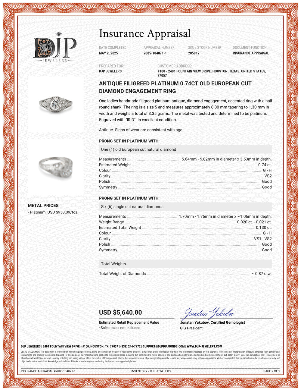 Antique Filigreed Platinum 0.74ct Old European Cut Diamond Engagement Ring