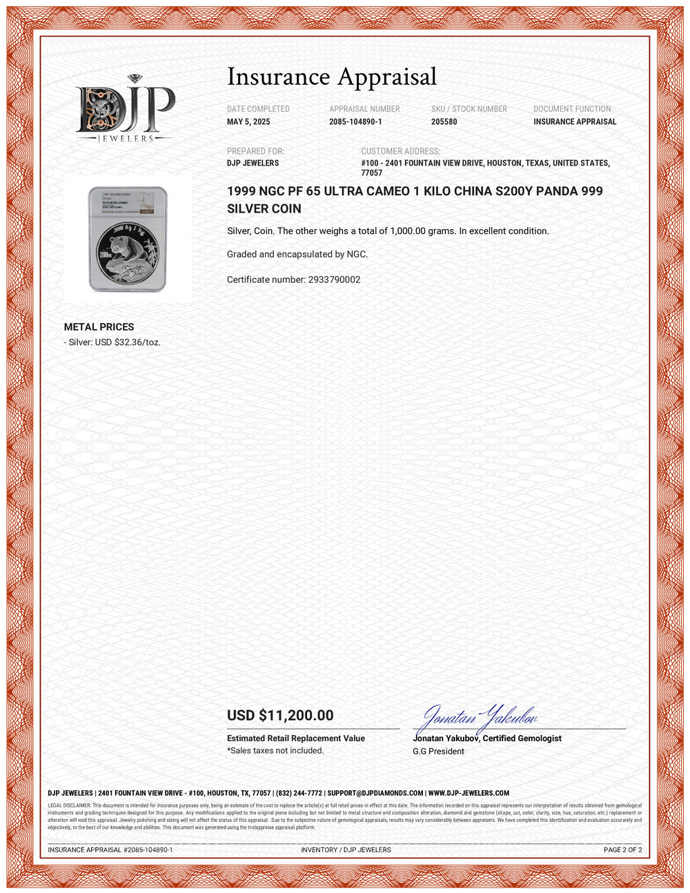 1999 NGC PF 65 Ultra Cameo 1 Kilo China S200Y Panda 999 Silver Coin