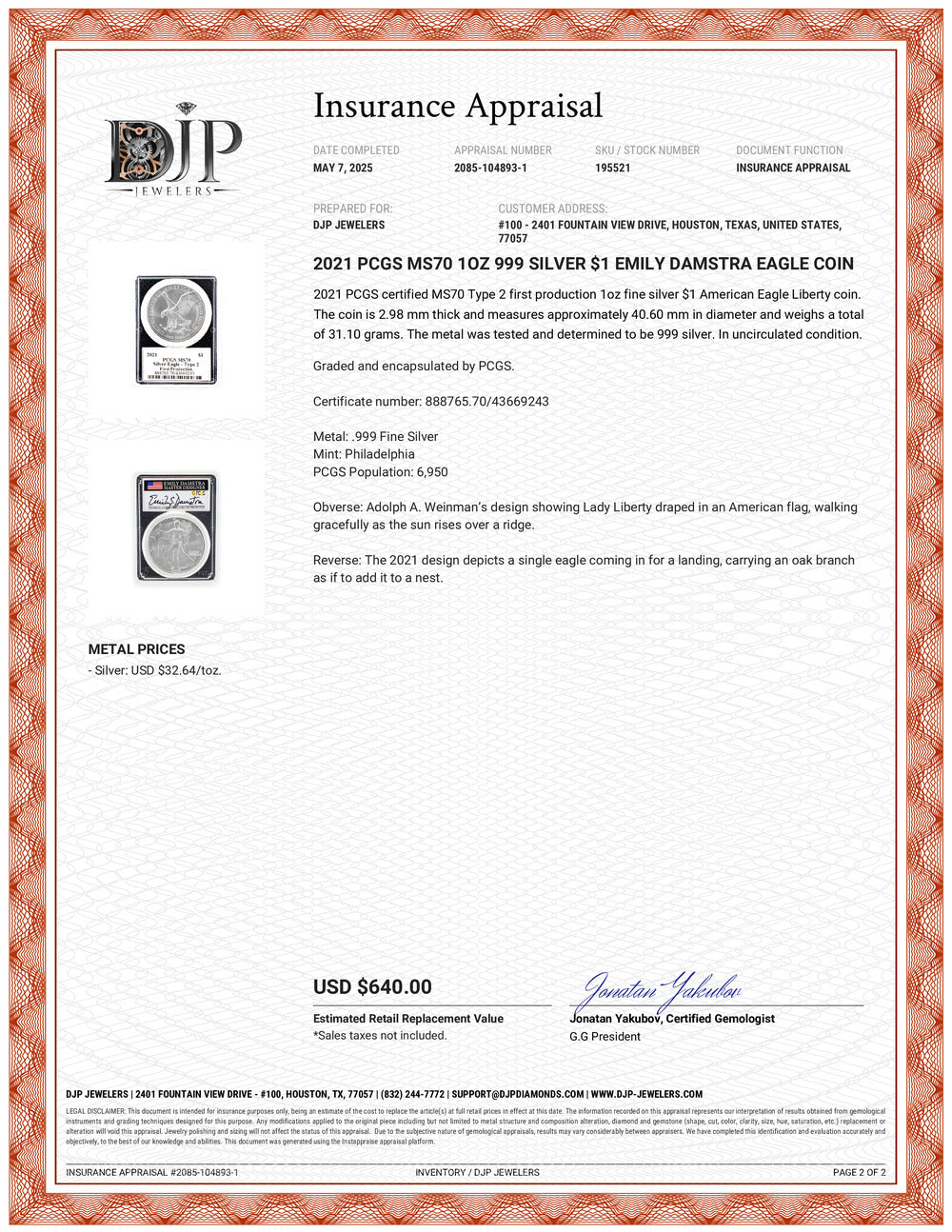 2021 PCGS MS70 1OZ 999 Silver $1 Emily Damstra Eagle Coin