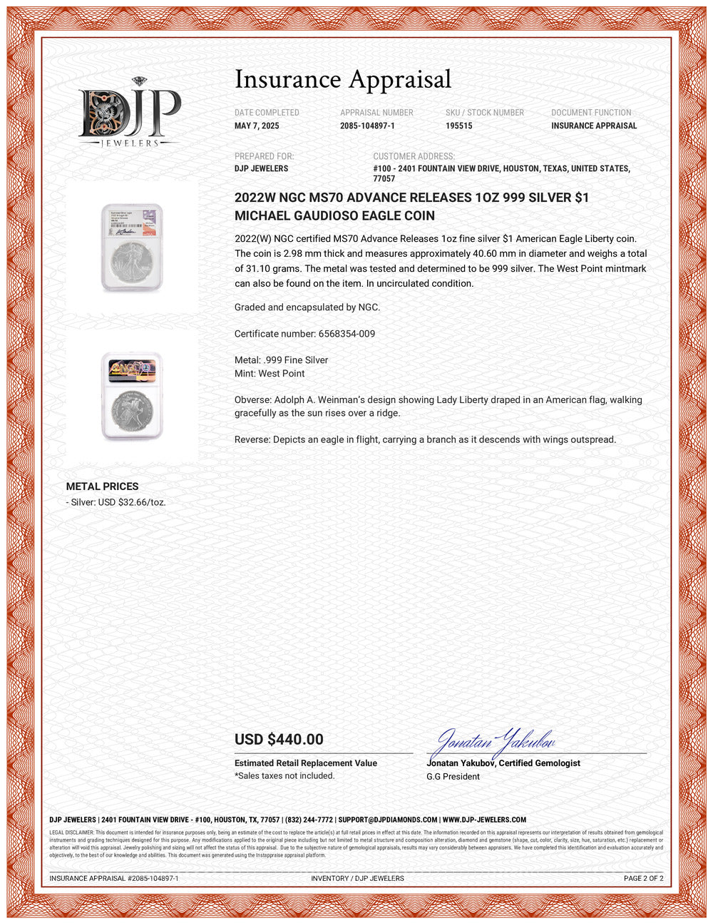 2022W NGC MS70 Advance Releases 1OZ 999 Silver $1 Michael Gaudioso Eagle Coin