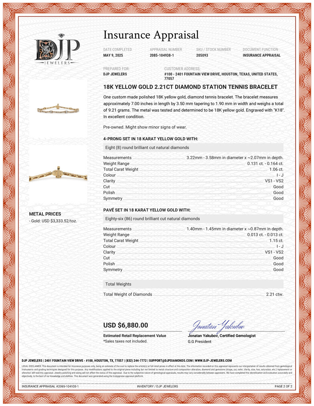 18K Yellow Gold 2.21ct Diamond Station Tennis Bracelet