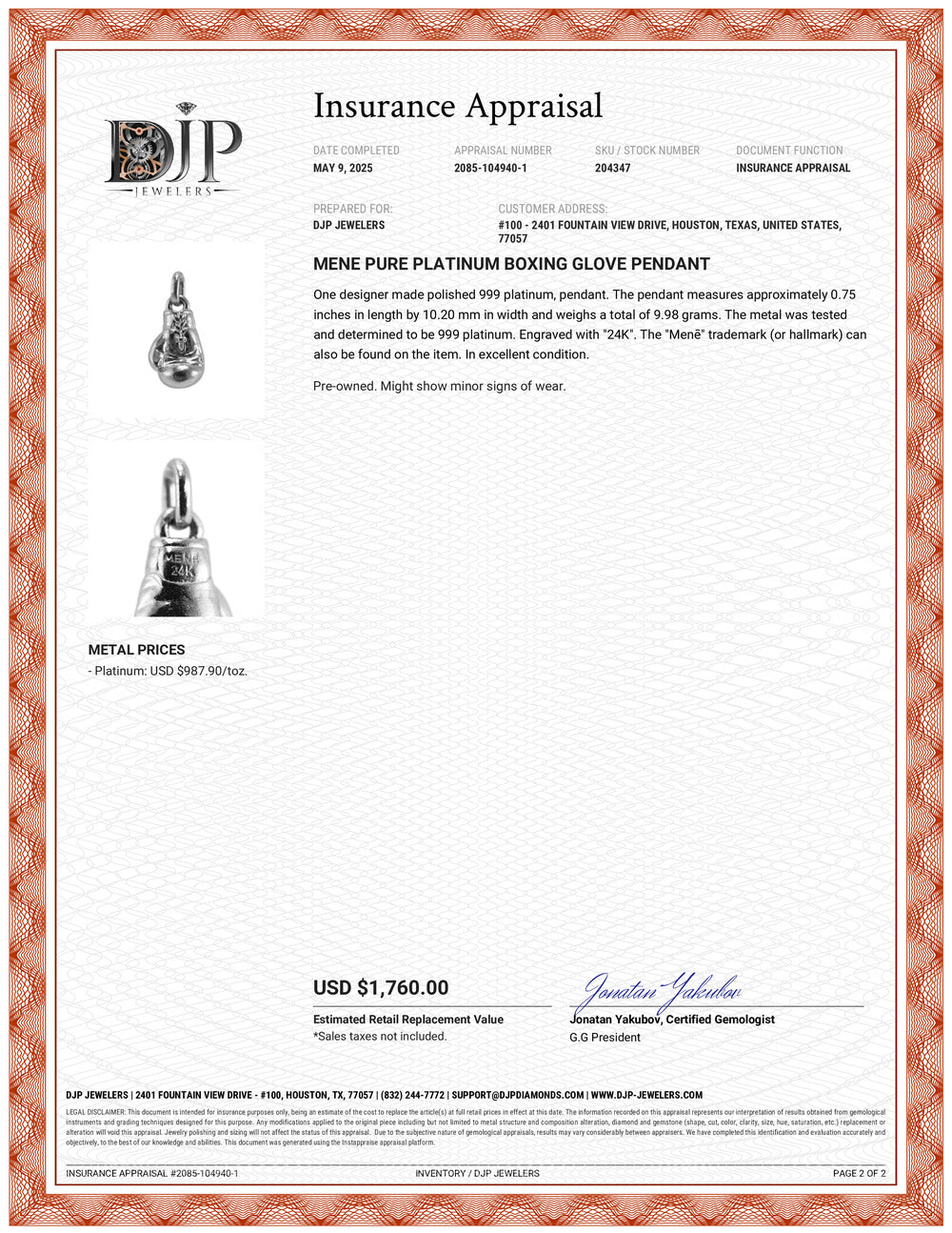 Mene Pure Platinum Boxing Glove Pendant