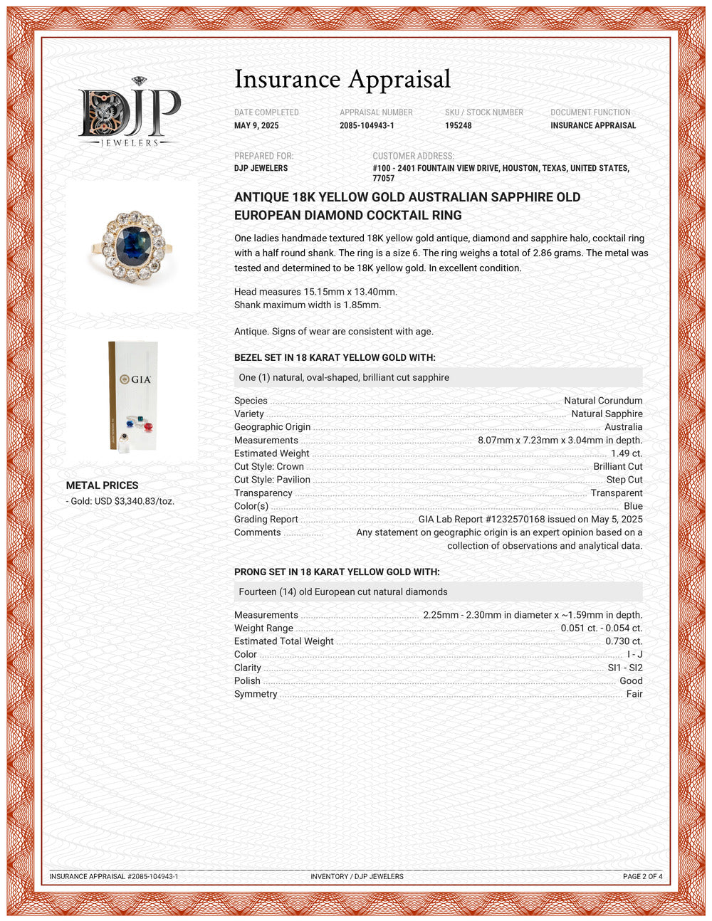 Antique 18K Yellow Gold Australian Sapphire Old European Diamond Cocktail Ring