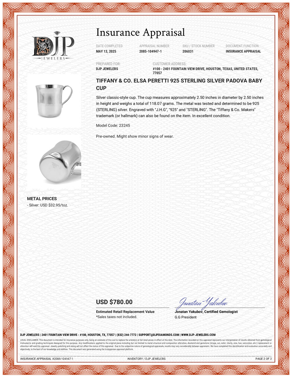 Tiffany & Co. Elsa Peretti 925 Sterling Silver Padova Baby Cup