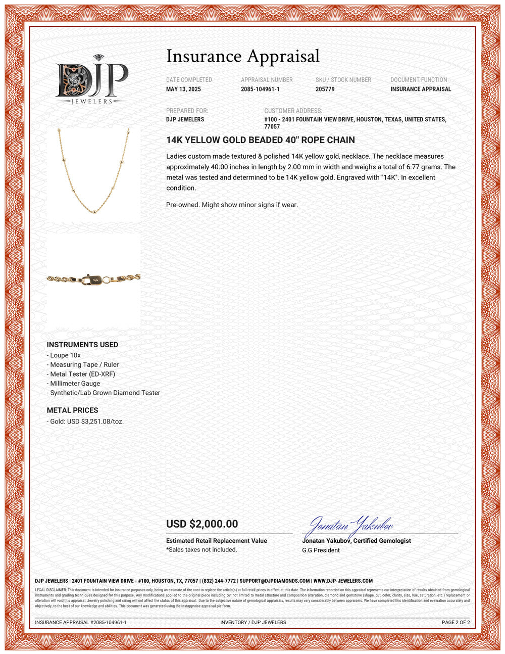 14K Yellow Gold Beaded 40” Rope Chain
