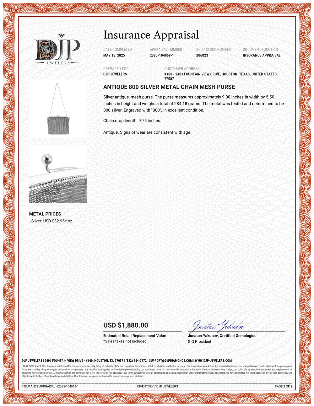 Antique 800 Silver Metal Chain Mesh Purse