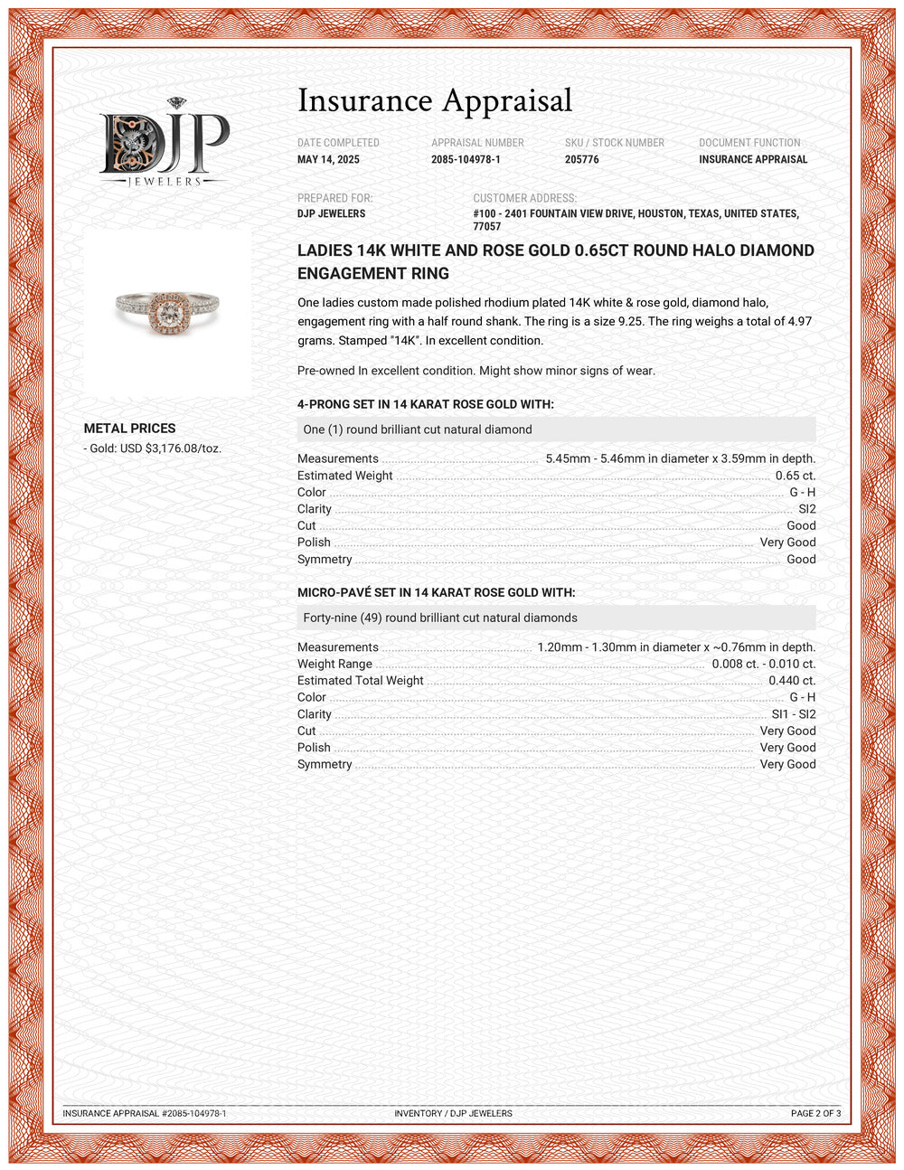 Ladies 14K White and Rose Gold 0.65ct Round Halo Diamond Engagement Ring