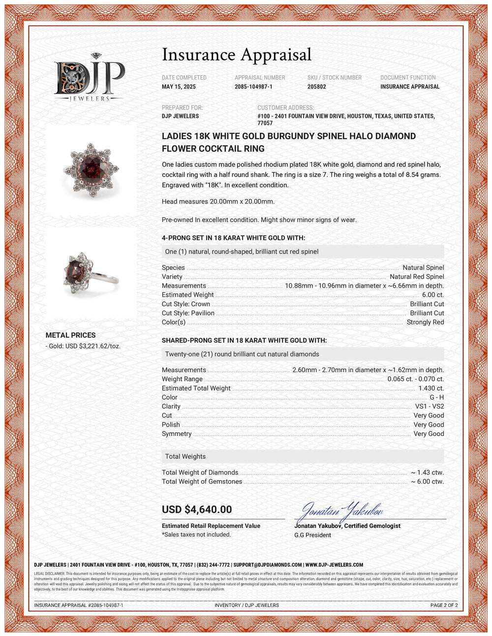 Ladies 18K White Gold Burgundy Spinel Halo Diamond Flower Cocktail Ring