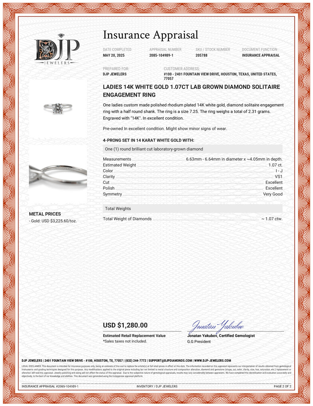 Ladies 14K White Gold 1.07ct Lab Grown Diamond Solitaire Engagement Ring