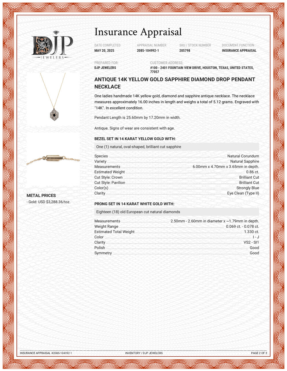 Antique 14K Yellow Gold Sapphire Diamond Drop Pendant Necklace