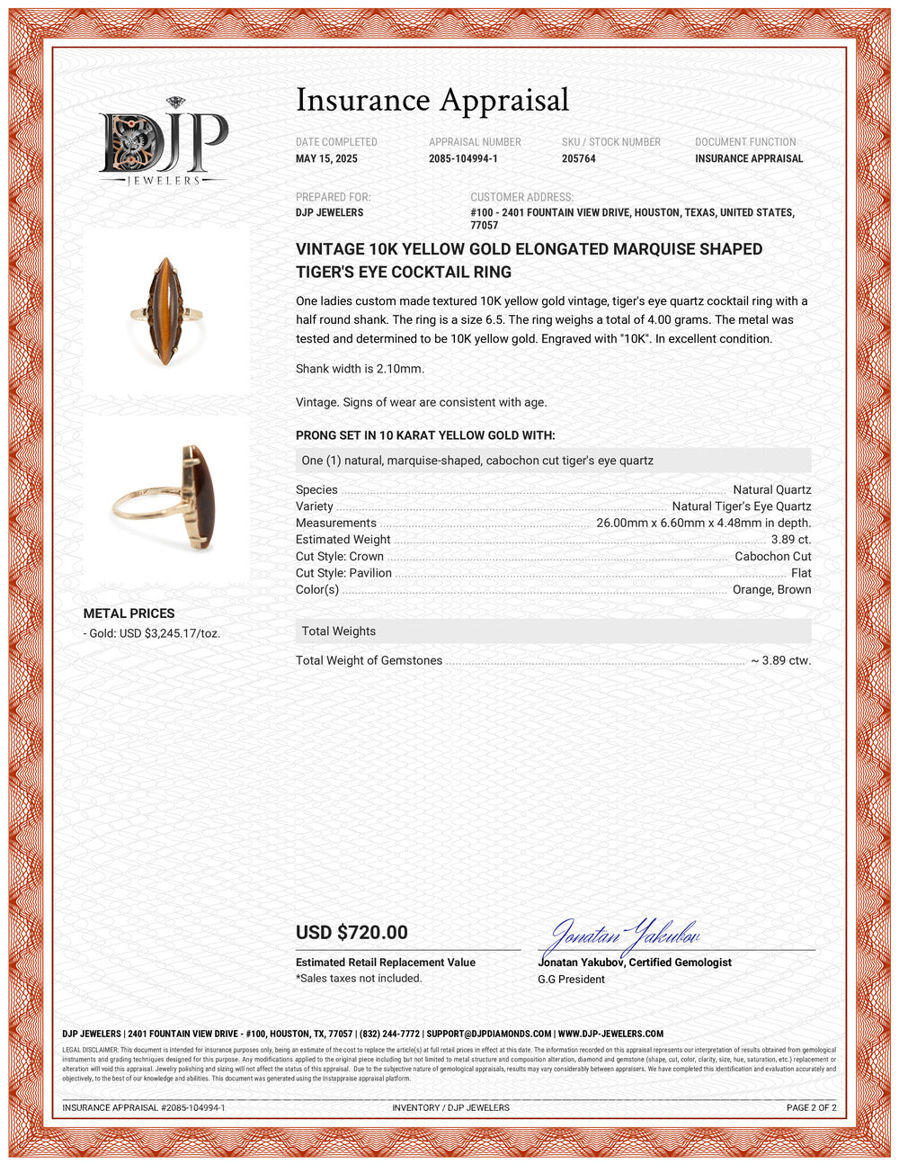 Vintage 10K Yellow Gold Elongated Marquise Shaped Tiger’s Eye Cocktail Ring