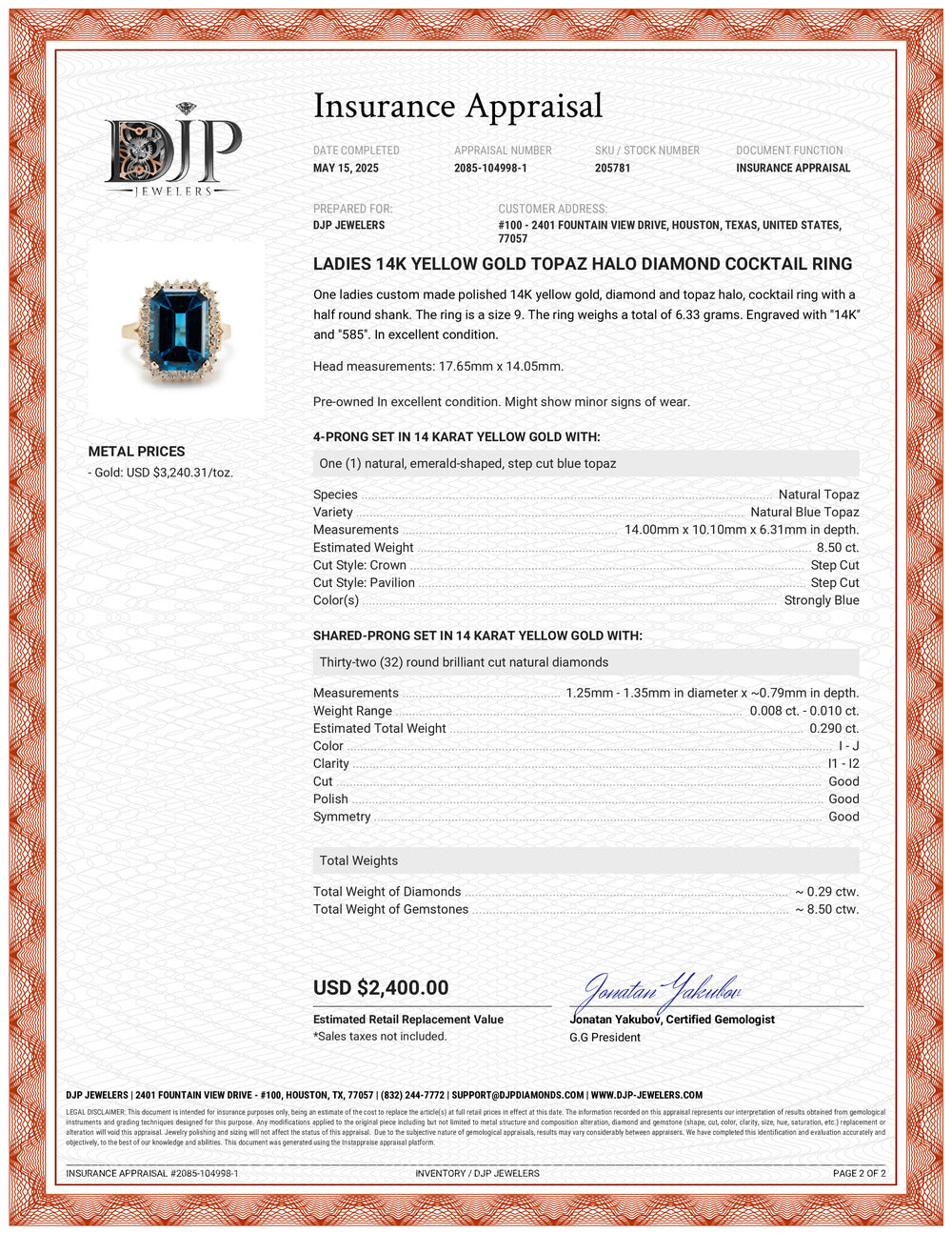 Ladies 14K Yellow Gold Topaz Halo Diamond Cocktail Ring