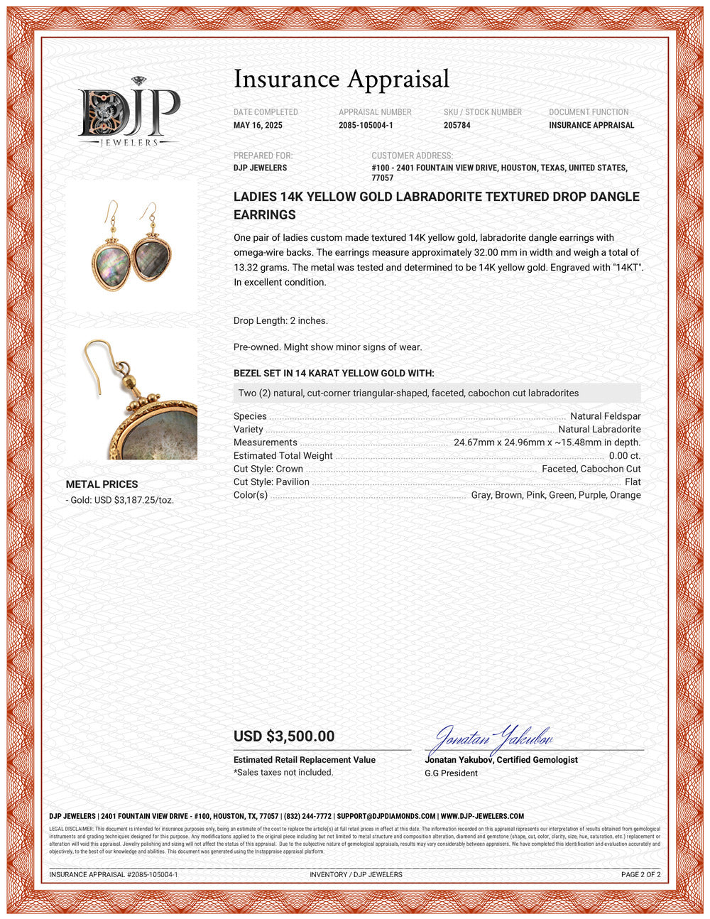 Ladies 14K Yellow Gold Labradorite Textured Drop Dangle Earrings