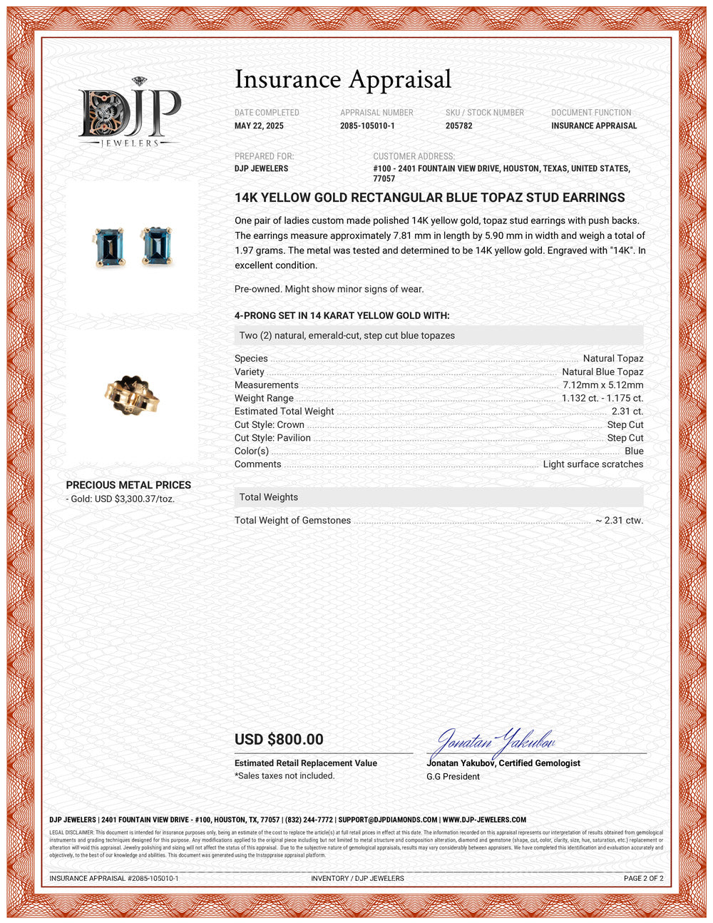 14K Yellow Gold Rectangular Blue Topaz Stud Earrings