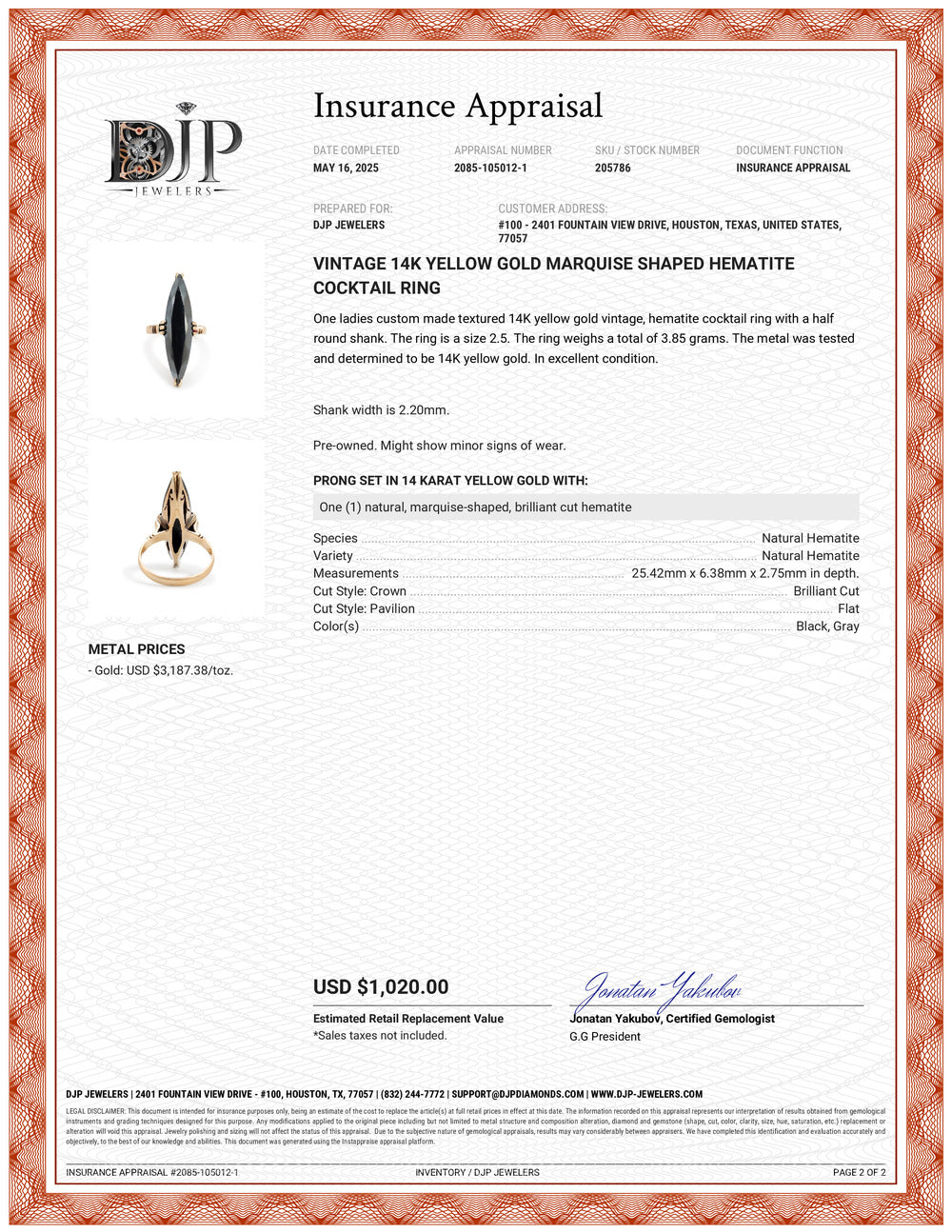 Vintage 14K Yellow Gold Marquise Shaped Hematite Cocktail Ring