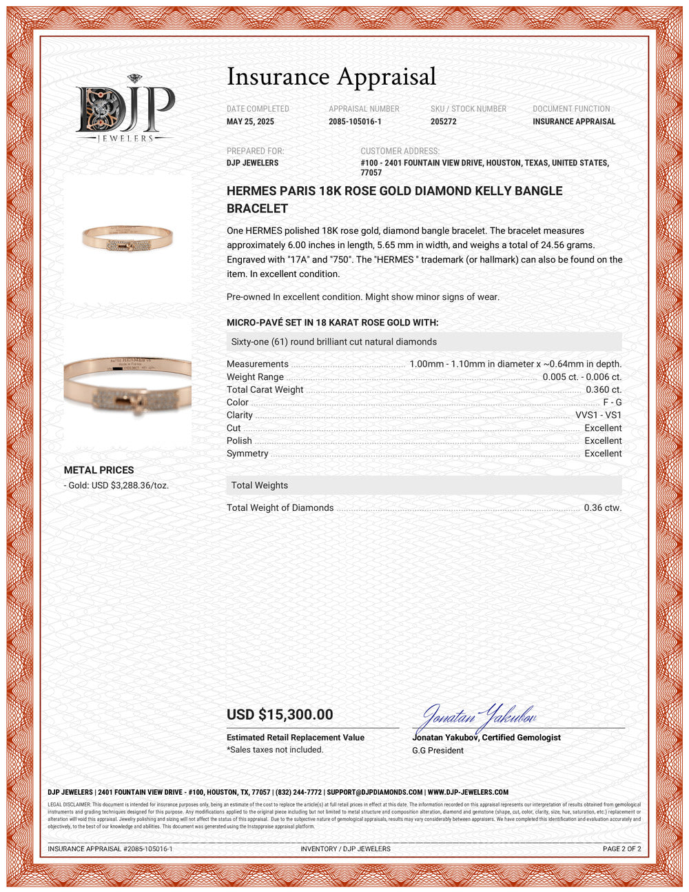 Hermes Paris 18K Rose Gold Diamond Kelly Bangle Bracelet
