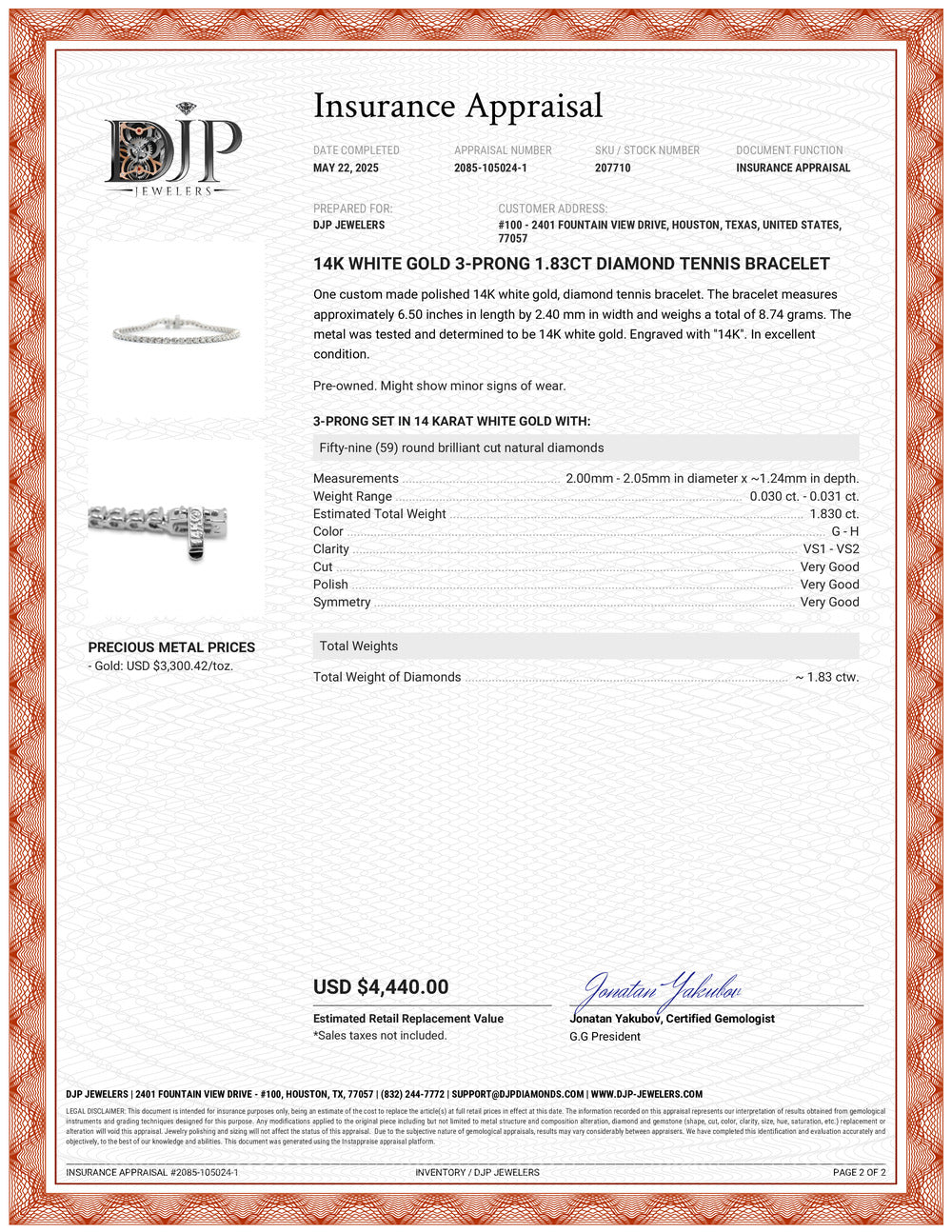 14K White Gold 3-Prong 1.83ct Diamond Tennis Bracelet