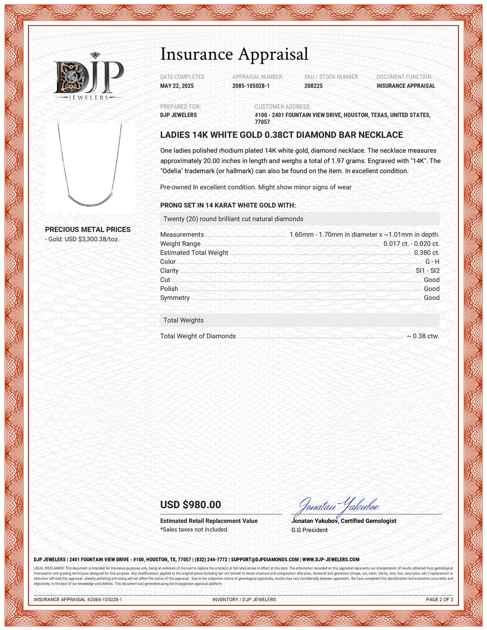 Ladies 14K White Gold 0.38ct Diamond Bar Necklace