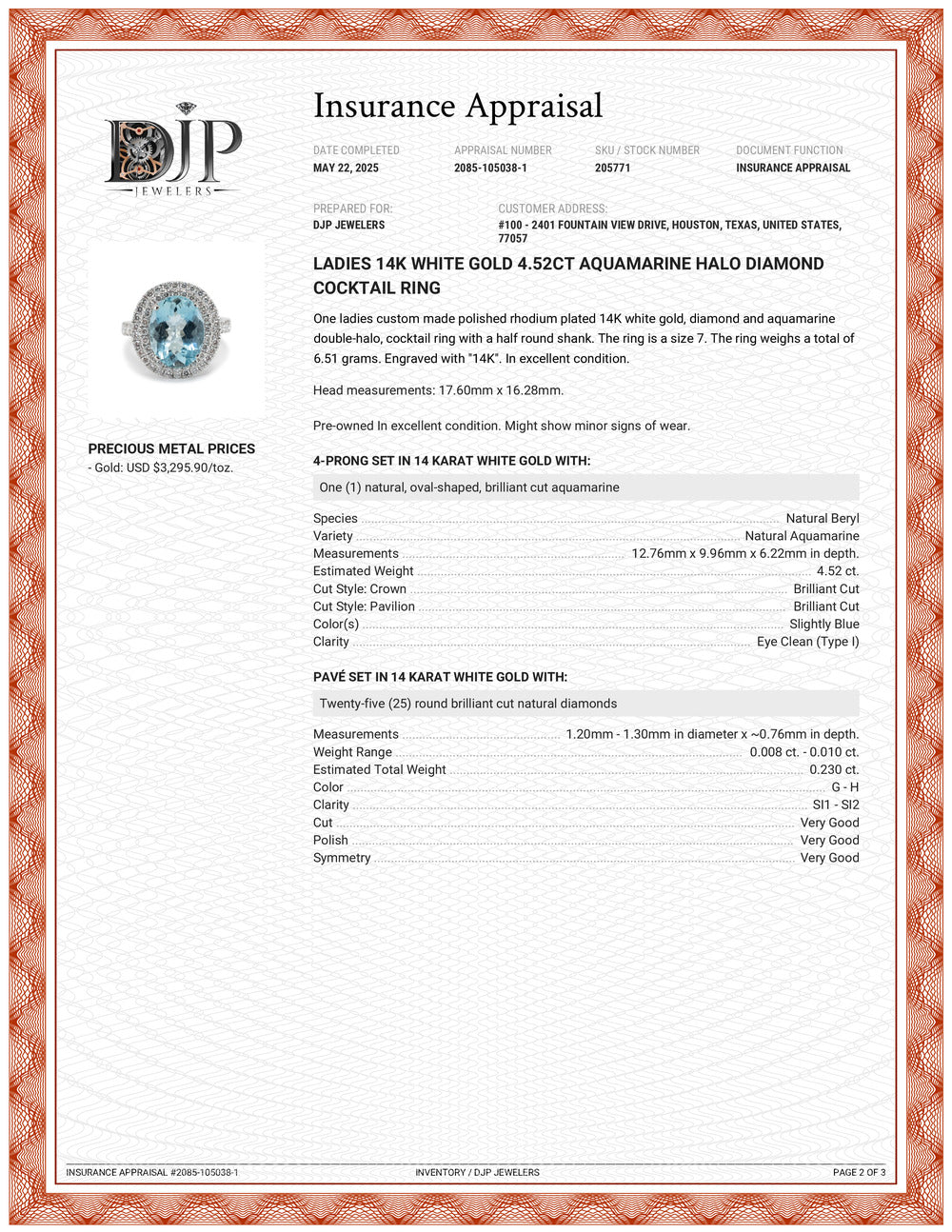 Ladies 14K White Gold 4.52ct Aquamarine Halo Diamond Cocktail Ring