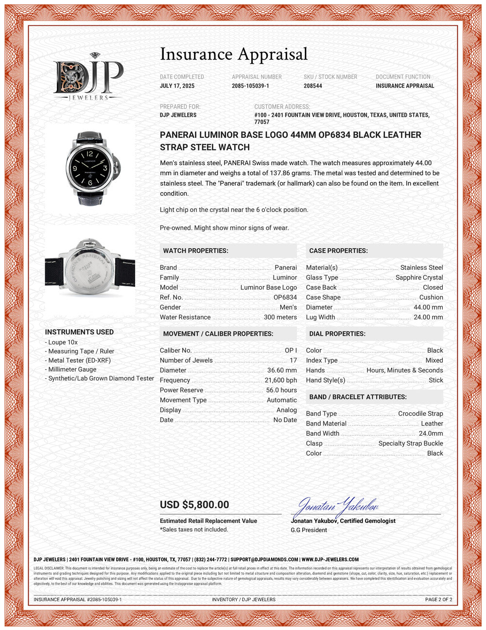 Panerai Luminor Base Logo 44MM OP6834 Black Leather Strap Steel Watch